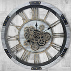 DORBOKER 36" Original Moving Gears Wall Clock, Large Industrial Wall Clock for Living Room Decor, Retro Metal Solid Wood Vintage Farmhouse Steampunk Rustic Clocks for Wall Decor,Silver Grey