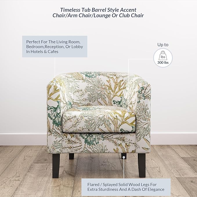 BELLEZE Living Room Chairs Set of 2, Linen Round Accent Barrel Chairs, Club Tub Sofa Chairs for Bedroom, Corner Chairs with Flared Legs and Cozy Soft Padding - Highland (Green Coral)