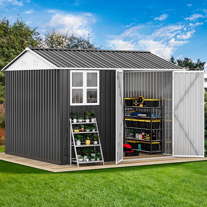 DWVO 10x8ft Large Tool Storage Shed with Window, Lockable Doors, and Sloped Roof, Oversized Steel Outdoor Storage Shed for Garden, Patio, Garage, Backyard, Lawn - Gray & White