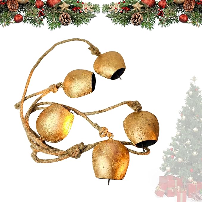 Harmony 5 Cow Bells Cluster on Rope - Large Rustic Vintage Lucky Cow Bells On Rope Wall Hanging Decor
