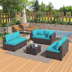 Outdoor Furniture Set 7PCS Patio Furniture for Backyard Wicker Sectional Sofa Set 6 Seats, PE Rattan Outdoor Conversation Set with Thickened Cushions and Glass Coffee Table, Blue