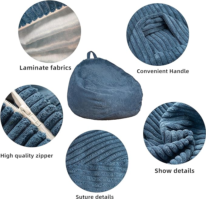 Bean Bag Chairs Cover (No Filler),Bean Bag Cover,Plush Toys Storage Bag,Bean Bag for Kids,Adults,Teens,Washable Ultra Soft Corduroy Sturdy Zipper,[Small 32 * 28 in] Blue Bean Bags