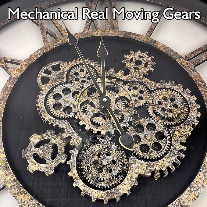 27 inch Large Real Moving Gears Wall Clock with Toughened Glass Cover, Oversized Solid Wood Retro Farmhouse Clock, Giant Decorative Rustic Wall Clock for Living Room Home Kitchen Office (Black)