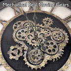 27 inch Large Real Moving Gears Wall Clock with Toughened Glass Cover, Oversized Solid Wood Retro Farmhouse Clock, Giant Decorative Rustic Wall Clock for Living Room Home Kitchen Office (Black)