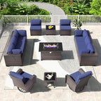 Kullavik 13PCS Outdoor Patio Furniture Set,PE Wicker Rattan Sectional Sofa Patio Conversation Sets with 43" 55000BTU Gas Propane Fire Pit Table,Swivel Rocking Chairs Set,Navy Blue