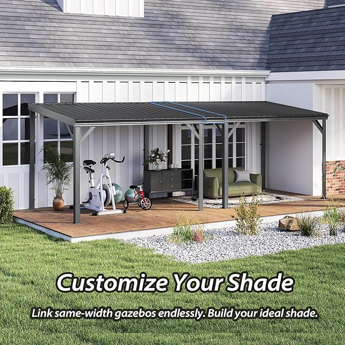 Domi 10'x12' Wall Mounted Hardtop Gazebo, Connectable Lean to Pergola with Gutters & Galvanized Steel Roof, 60MPH Wind Resistance, Outdoor Heavy Duty Metal Awning for Patio, Deck, Backyard - Grey