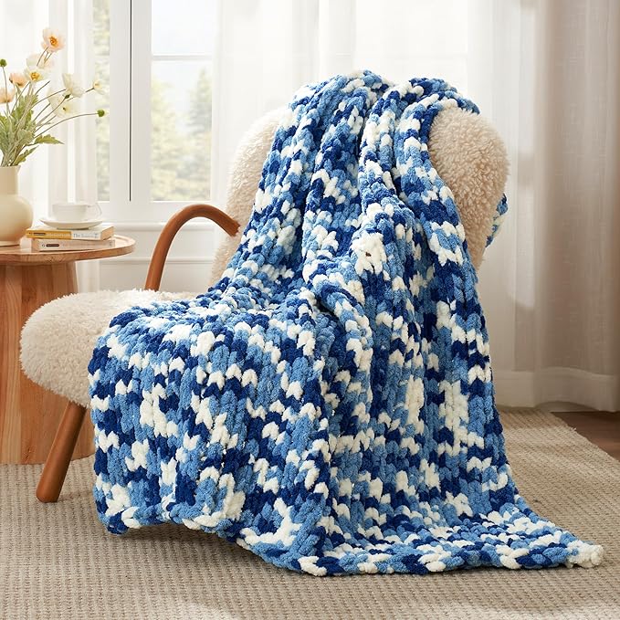 Amélie Home Chunky Knit Throw Blanket for Couch, Soft Chenille Crochet Blanket for Sofa, 50"x60", Space-Dyed Blue