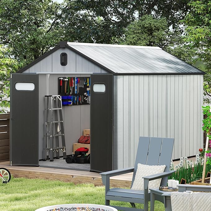 Domi 8x10FT Resin Outdoor Storage Shed with Lockable Door, Waterproof Outside Sheds with Windows & Vents, Heavy-Duty Plastic Tool Storage Shed for Patio Furniture, Lawn Mower, Bike