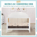 JPMA & Greenguard Gold Certified Milton 5-in-1 Convertible Crib Made with Sustainable New Zealand Pinewood in White and Natural, Non-Toxic Finish