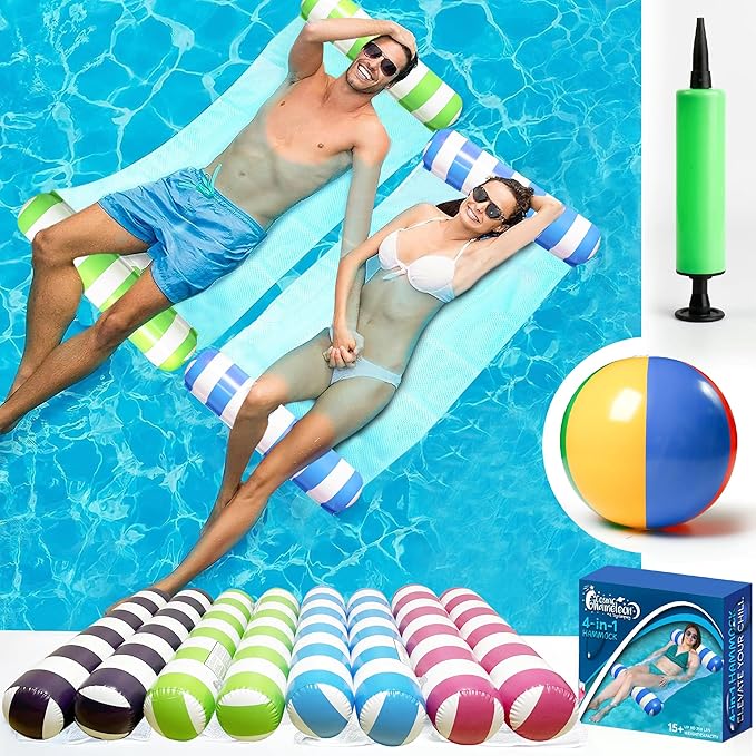 4 Pack Inflatable Pool Hammock Floats with Air Pump and Beach Ball, 4-in-1 Water Hammock Chair, Saddle, Lounge, and Drifter, Adult Size Pool Floaties for Swimming Pool