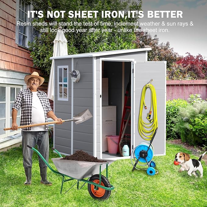 5x4 FT Small Resin Shed, Waterproof Outdoor Shed with Floor, Window, Double Lockable Doors & 2 Vents, Outside Plastic Sheds for Garden Patio Backyard, Sloped Roof, Grey