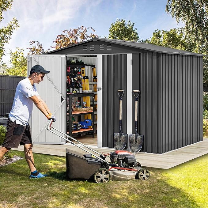 DWVO 8x6FT Outdoor Storage Shelter, Roomy Steel Tool Shed with Secure Entrances & Air Circulation for Patio, Lawn, and Backyard, Ideal for Storing Garden Gear, Lawn Tools, and Bikes, Dark Gray