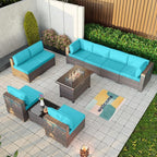 Kullavik 10 Pieces Outdoor Patio Furniture Set with 43" Gas Propane Fire Pit Table PE Wicker Rattan Sectional Sofa Patio Conversation Sets,Blue