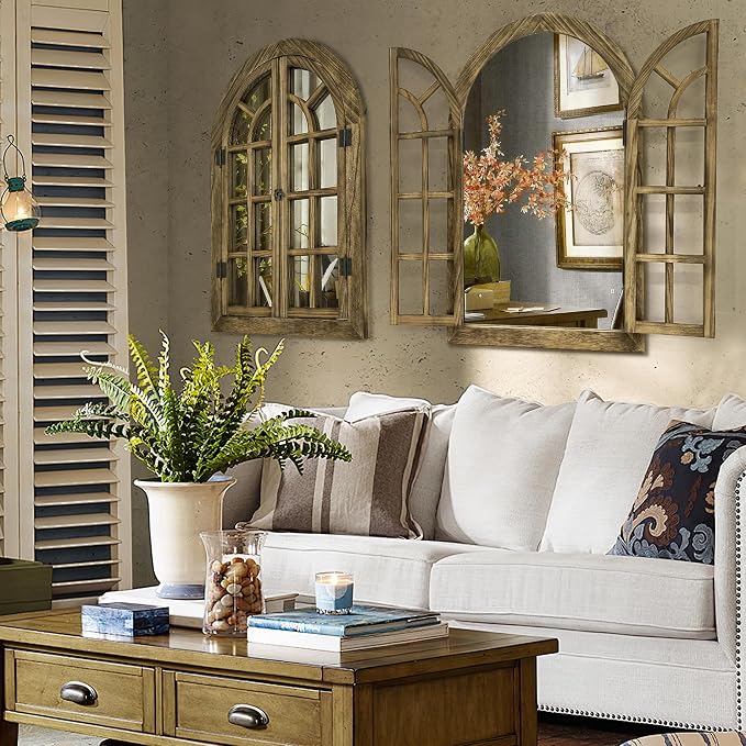 Window Mirrors for Wall Decor -Arched Wall Mirror Farmhouse Wall Decor Wood Frame Decorative Wall Mirrors Like Window for Bedroom, Living Room, Entrance, Dining Room