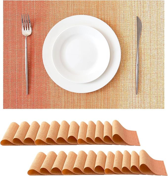 Leetaltree Gradient Burnt Orange Woven Placemats Set of 24 - Heat Resistant Non-Slip Fall Place Mats for Dining Table, Washable Durable PVC Vinyl Woven Table Mats(Gradient Orange-red, 24)