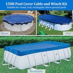 Belleone Swimming Pool Cover Cable and Winch Kit - 150ft Plastic-Coated Steel Pool Cover Wire & Aluminum Spring Loaded Pool Cover Ratchet for Above Ground Swimming Pool Winter Safe (Blue)