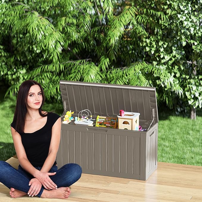 80 Gallon Resin Deck Box, Waterproof Outdoor Storage Bin for Patio Furniture, Pool Accessories, and Garden Tools, Lockable & UV-Resistant, Grey