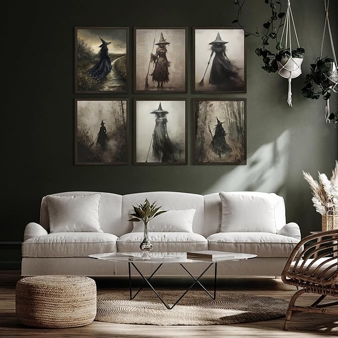 LANCHI95 6 Pcs 8x10in Vintage Rustic Witch Posters Halloween Wall Art Witch in The Forest Painting Prints Goth Dark Moody Wall Decor for Living Room Bedroom 8x10 in (UNFRAMED)