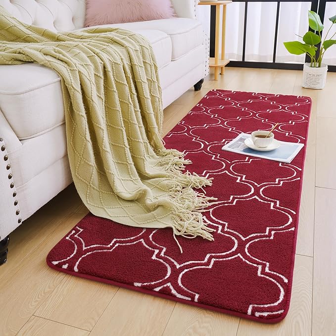 Chicrug Shag Geometric Modern Runner Rug for Bedroom, 2x6 Feet Memory Foam Indoor Hallway Runner Carpet, Fluffy Rug for Living Room Bedside Room Decor for Family, Wine Red/White