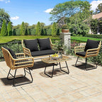 YITAHOME 4-Piece Patio Furniture Wicker Outdoor Bistro Set, All-Weather Rattan Conversation Loveseat Chairs for Backyard, Balcony and Deck with Soft Cushions and Metal Table (Light Brown+black)