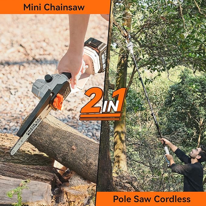 2-in-1 Pole Saw for Tree Trimming, 8 Inch Cordless Mini Chainsaw with Extension Pole, Brushless Motor, with 2 x 4.0 Ah Batteries & Charger, Auto Lubrication, 15 Ft Max Reach