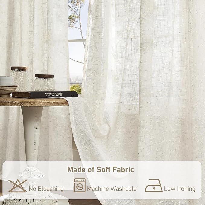LAMIT Natural Linen Curtains 63 inch Length for Living Room, Boho Semi Sheer Light Filtering Window Textured Neutral Drapes with Bronze Grommet for Bedroom, 2 Panels Set, 60 x 63 Inch