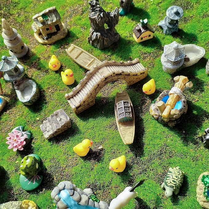37PCS Fairy Garden Accessories, Miniature Nature Village Theme Fairy Garden Supplies for Outdoor, Mini Resin Animals House Bridge Pool Figurines Micro Landscape Succulent Plant Pots Terrarium Decor