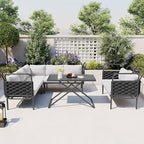 5-Piece Outdoor Furniture Sectional Conversation Sofa Set with Loveseat, Glass Table and Removable Cushions, All Weather Patio Woven Rope L-Shaped Couch for Garden Backyard, Black+Gray