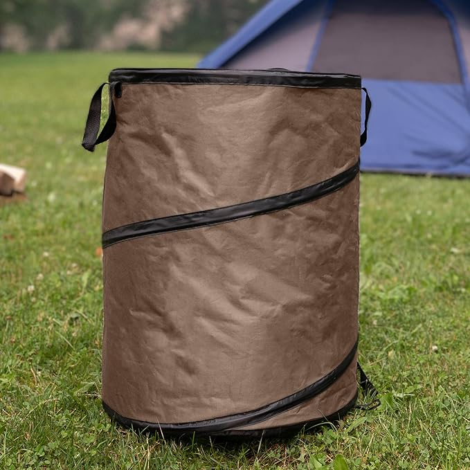Wakeman Outdoor Trash Can - 46-Gallon Collapsible Garbage Can with 3 Stakes - Pop Up Trash Can for Camping, Storage, or Yard Waste Outdoors (Beige)