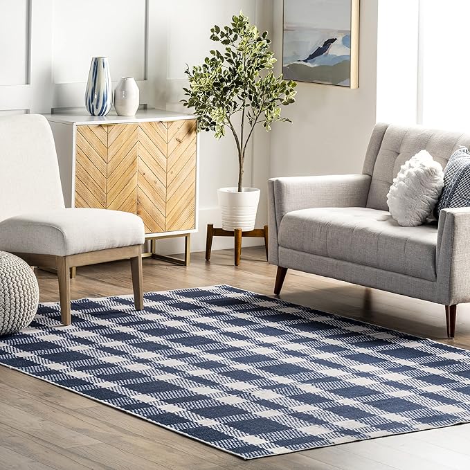 nuLOOM Rianne Machine Washable Plaid Farmhouse Ultra Thin Area Rug, 8' x 10', Blue
