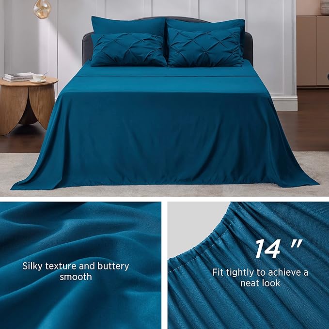 Bedsure Twin Comforter Set with Sheets - 5 Pieces Twin Bedding Sets, Pinch Pleat Teal Blue Twin Bed in a Bag with Comforter, Sheets, Pillowcase & Sham
