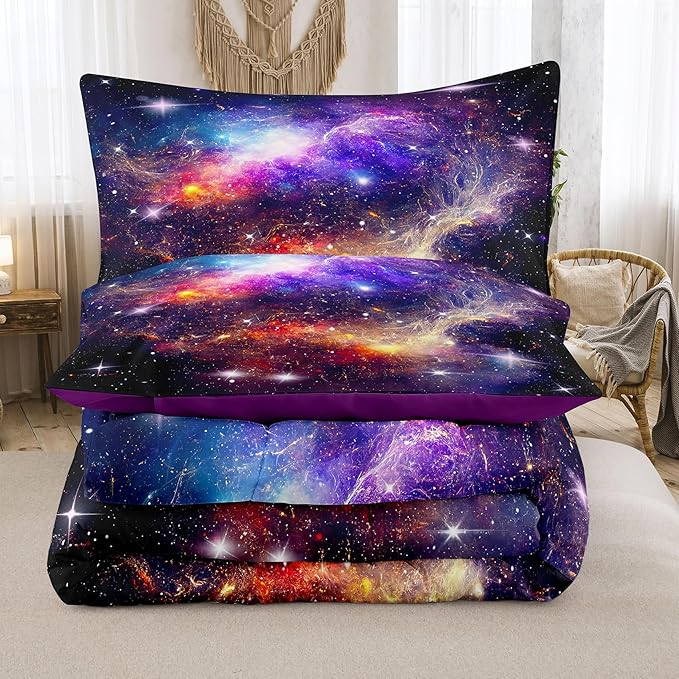 Tailor Shop Galaxy Comforter Space Kids Bedding Set Twin Size, Purple Comforter for Girls with 1 Pillowcase
