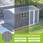 8x12 FT Shed Outdoor Storage Metal Large Garden Tool Sheds with Lockable Doors Floor Frame Window Gable Roof Waterproof Steel Utility Equipment Sheds for Backyard Patio Lawn Poolside, Grey