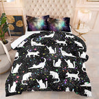 Tailor Shop Cat Comforter Set for Kids Boys Girls Teens Cute Cartoon Cat Galaxy Bedding Sets Black Dreamy Outer Space Full Size with 1 Comforter 2 Pillow Shams