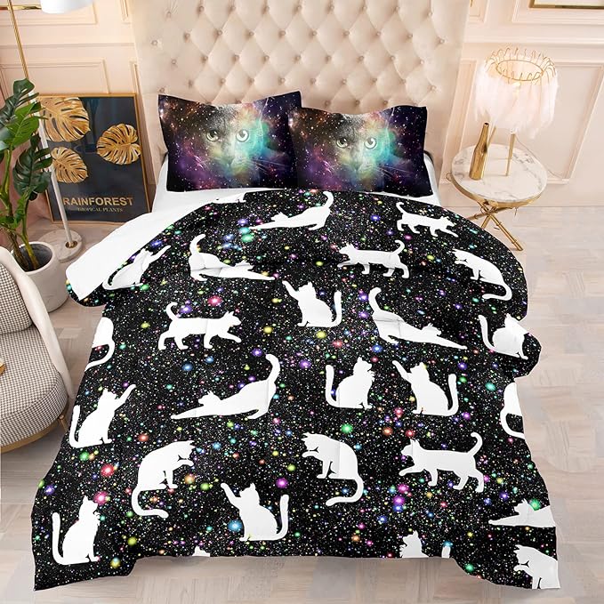 Tailor Shop Cat Comforter Set for Kids Boys Girls Teens Cute Cartoon Cat Galaxy Bedding Sets Black Dreamy Outer Space Twin Size with 1 Comforter 1 Pillow Sham…………