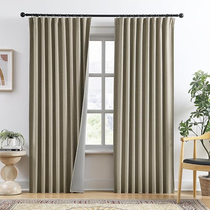 Blackout Linen Blend Curtains 84 inch Long 2 Panels,Back Tab with Hooks,Light Blocking Thermal Insulated Draperies Modern Farmhouse Textured Curtains for Living Room Dining Room - Light Taupe