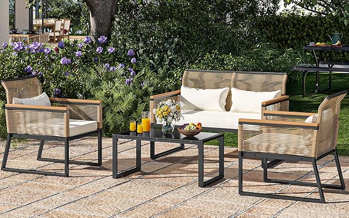 YITAHOME Patio Furniture Wicker Outdoor Bistro Set, 4-Piece All Weather Rattan Conversation Loveseat for Backyard, Balcony and Deck with Wooden Armrest, Gray Cushions and Metal Coffee Table