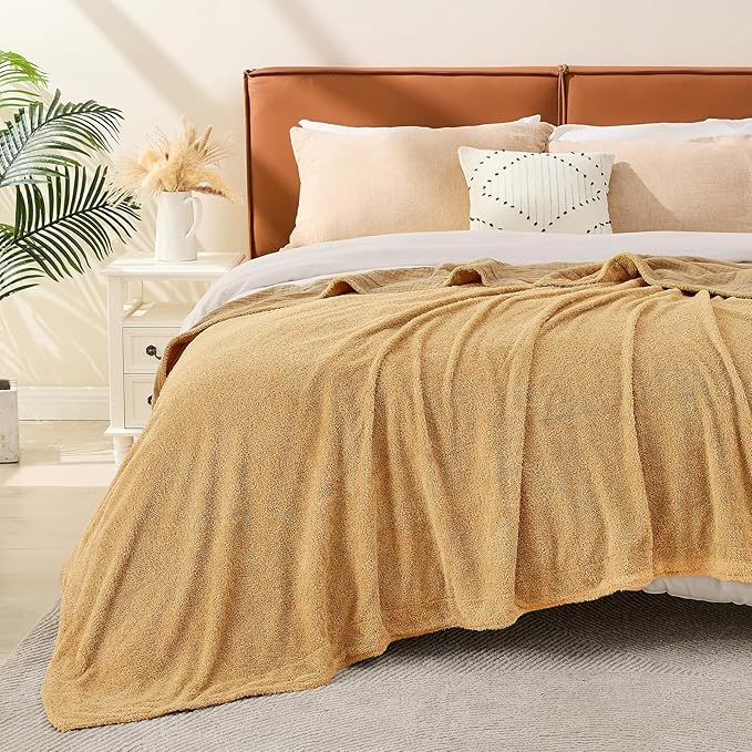 EMME Muslin and Fleece Queen Blanket Reversible - 80"*90" Beige Soft Warm Throw Blankets for Couch Bed Picnic Travel Bed