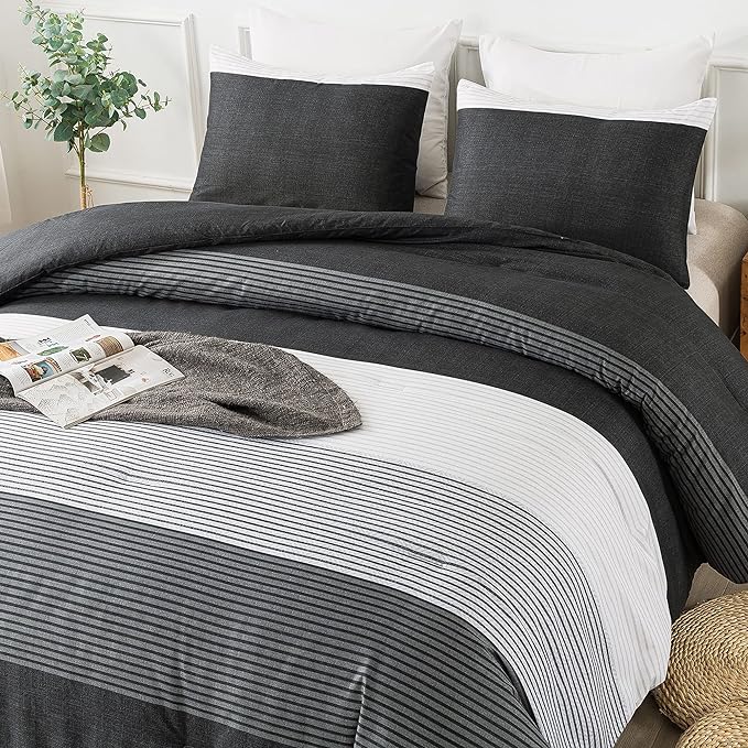 Andency Queen Comforter Set Black,3 Pieces Black White Gray Patchwork Striped Comforter (90x90 Inch), Soft Microfiber Down Alternative Queen Comforter Bedding Sets with Corner Loops