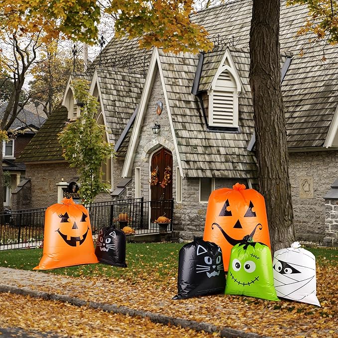 POPGIFTU 12 Pack Halloween Lawn Leaf Bags - Heavy Duty Plastic Trash Bags with Twist Ties, 6 Designs Large Pumpkin Yard Waste Bags for Garden, Lawn, Porch, Indoor Outdoor Halloween Decorations