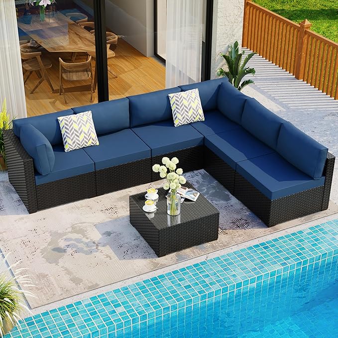 Shintenchi 7 Pieces Outdoor Patio Sectional Sofa Couch, Black Wicker Furniture Conversation Sets with Washable Cushions & Glass Coffee Table for Garden, Poolside, Backyard (Aegean Blue)