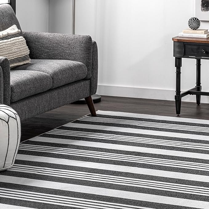 nuLOOM Lena Machine Washable Striped Ultra Thin Area Rug, 6' Square, Grey