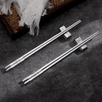 Metal Chopsticks Reusable 2 Pairs Titanium Plated 18/8 Stainless Steel Chopsticks with Holder, Dishwasher Safe Non-Slip Japanese Style Laser Engraved Chop Sticks Gift Set (Silver)