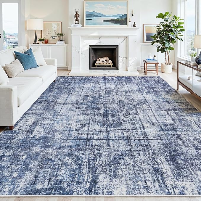 8x10 Washable Area Rug for Living Room Bedroom: Non-Slip Modern Navy Blue | Machine Washable TPR Backing, Stain-Resistant Low Pile, Pet & Kid Friendly, Abstract Decor for Dining Room, Dorm, Home Office