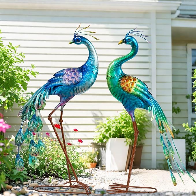 chisheen Metal Peacock Statue Garden Decor Yard Art Decoration Outdoor Sculpture,Set of 2,Housewarming Birthday for Women Mom