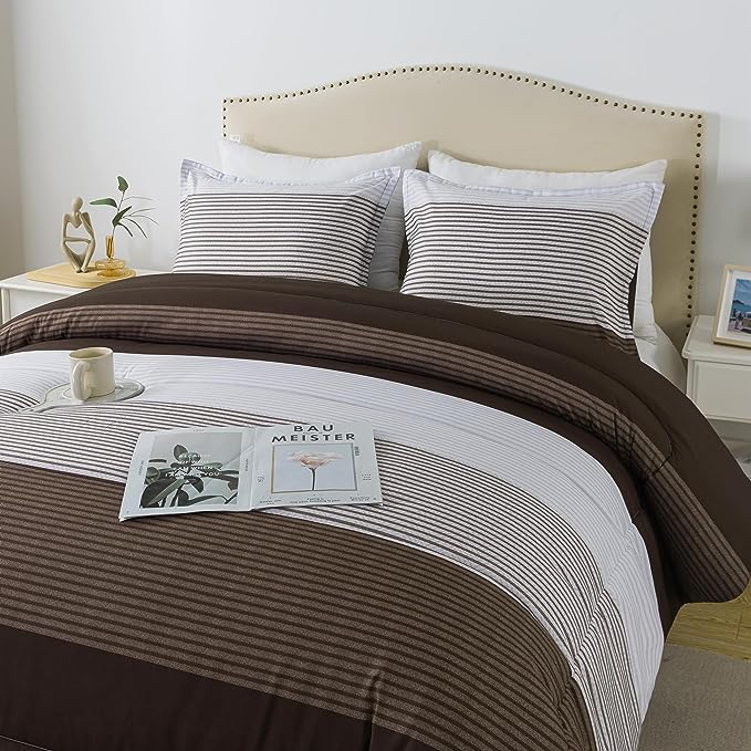 Andency Stripe Comforter Set Full Size (79x90 Inch), 3 Pieces Brown Patchwork Striped Comforter, Soft Microfiber Down Alternative Comforter Bedding Set with Corner Loops