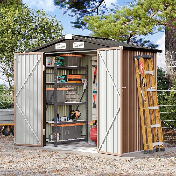 6x4 FT Outdoor Storage Shed with Base, Metal Garden Tool Shed with Sloping Roof & Lockable Door for Patio Lawn Backyard (Brown with Base)