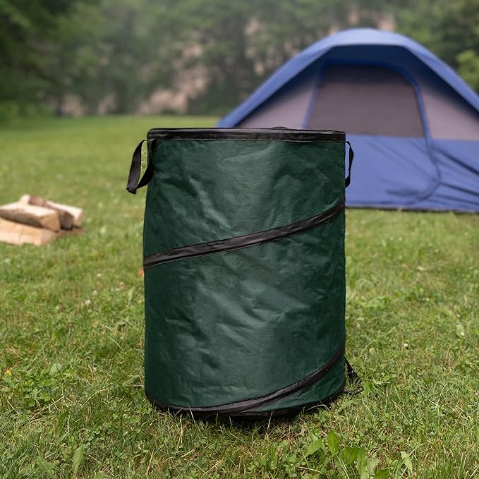 Wakeman Outdoor Trash Can - 46-Gallon Collapsible Garbage Can with 3 Stakes - Pop Up Trash Bin for Camping, Storage, or Yard Waste Outdoors (Green)