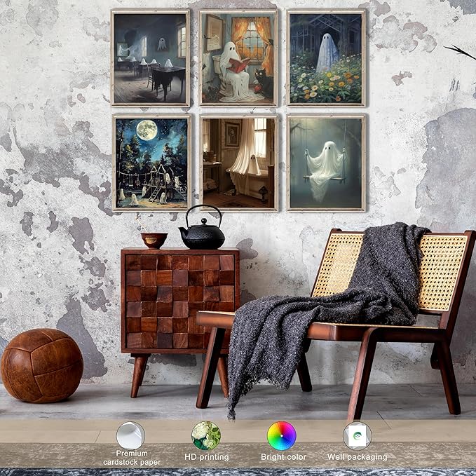LANCHI95 6 Pcs 8x10in Halloween Wall Art Prints, Vintage Posters, Cute Ghost Pictures for Bedroom Decor (UNFRAMED)
