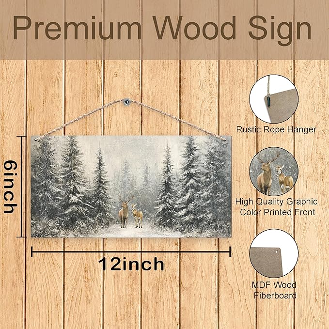 Winter Pine Tree Deer Wooden Sign, 12x6 inches, Rustic Wall Decor for Home, Office or Gifting